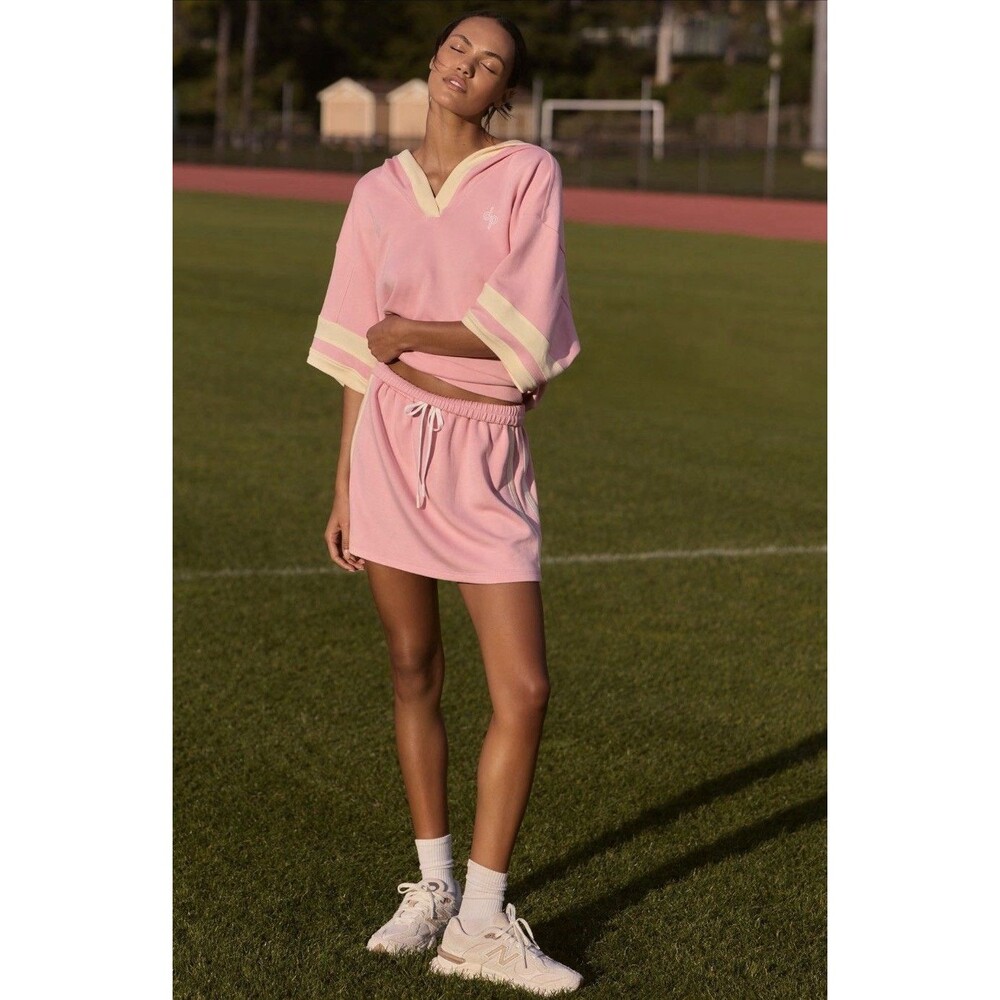 ANTHROPOLOGIE Daily Practice Women SMALL Hoodie Sweatshirt Pink Willow Half Slee